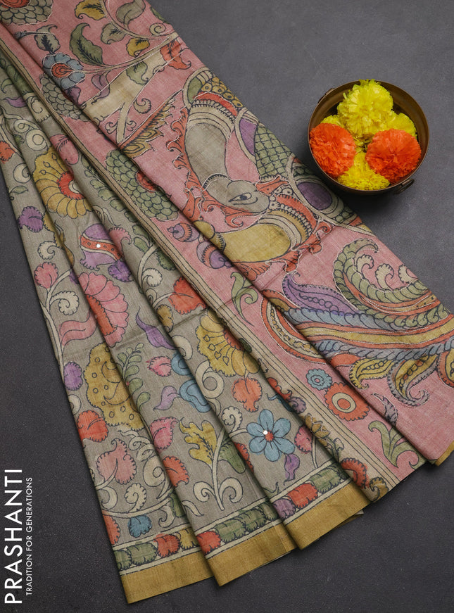 Matka tussar saree grey shade and peach shade with allover kalamkari prints & mirror work and kalamkari prints & embroidery pallu