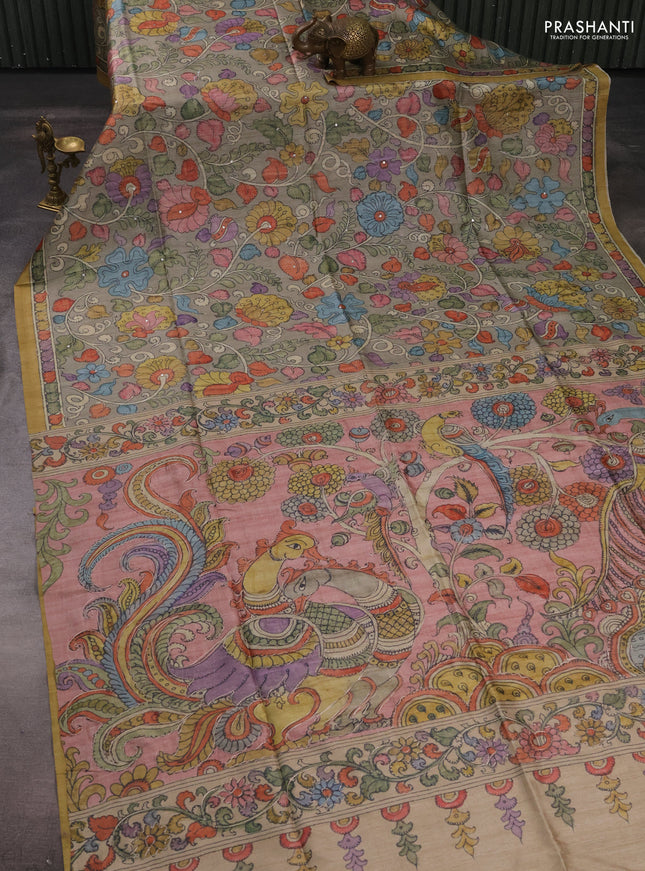 Matka tussar saree grey shade and peach shade with allover kalamkari prints & mirror work and kalamkari prints & embroidery pallu