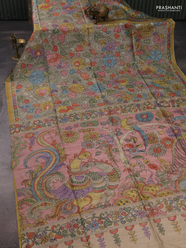Matka tussar saree grey shade and peach shade with allover kalamkari prints & mirror work and kalamkari prints & embroidery pallu