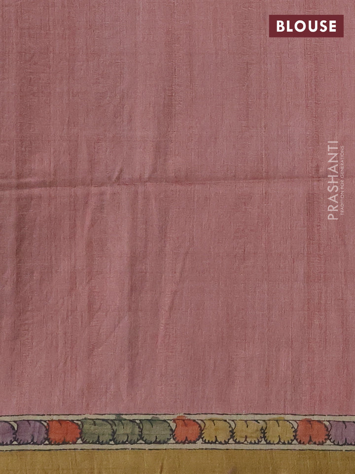 Matka tussar saree grey shade and peach shade with allover kalamkari prints & mirror work and kalamkari prints & embroidery pallu