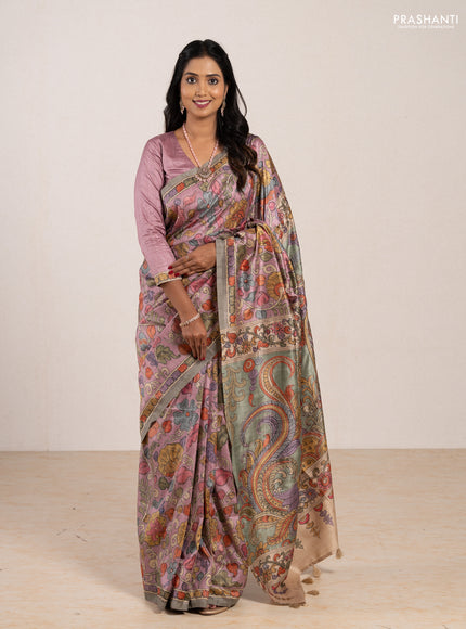 Matka tussar saree lavender and teal green with allover kalamkari prints & mirror work and kalamkari prints & embroidery pallu