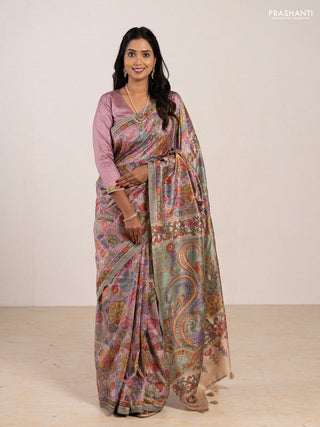Matka tussar saree lavender and teal green with allover kalamkari prints & mirror work and kalamkari prints & embroidery pallu