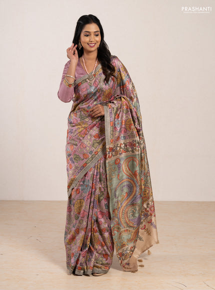 Matka tussar saree lavender and teal green with allover kalamkari prints & mirror work and kalamkari prints & embroidery pallu