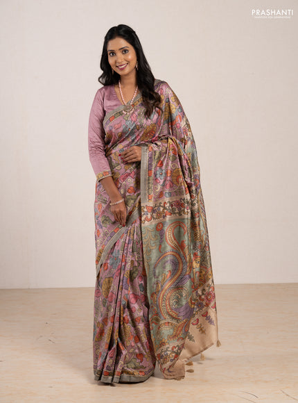 Matka tussar saree lavender and teal green with allover kalamkari prints & mirror work and kalamkari prints & embroidery pallu