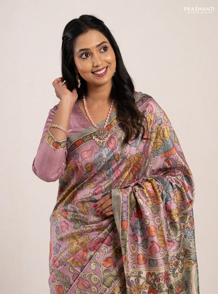 Matka tussar saree lavender and teal green with allover kalamkari prints & mirror work and kalamkari prints & embroidery pallu