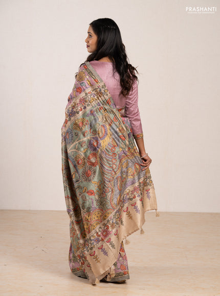 Matka tussar saree lavender and teal green with allover kalamkari prints & mirror work and kalamkari prints & embroidery pallu