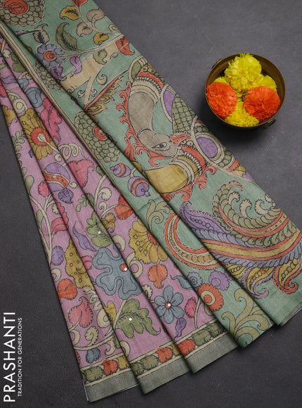 Matka tussar saree lavender and teal green with allover kalamkari prints & mirror work and kalamkari prints & embroidery pallu