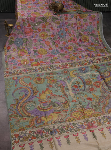 Matka tussar saree lavender and teal green with allover kalamkari prints & mirror work and kalamkari prints & embroidery pallu