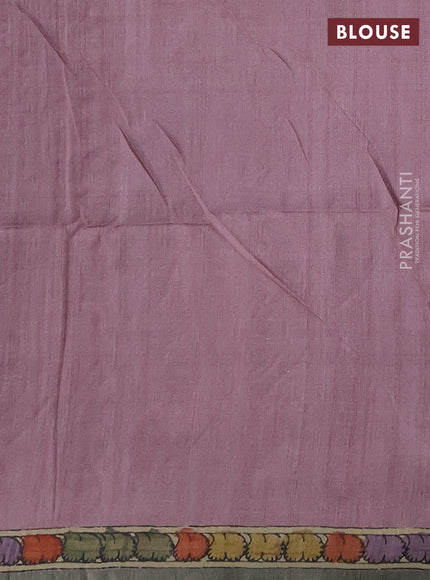 Matka tussar saree lavender and teal green with allover kalamkari prints & mirror work and kalamkari prints & embroidery pallu