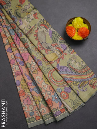 Matka tussar saree pale orange and pista green with allover kalamkari prints & mirror work and kalamkari prints & embroidery pallu