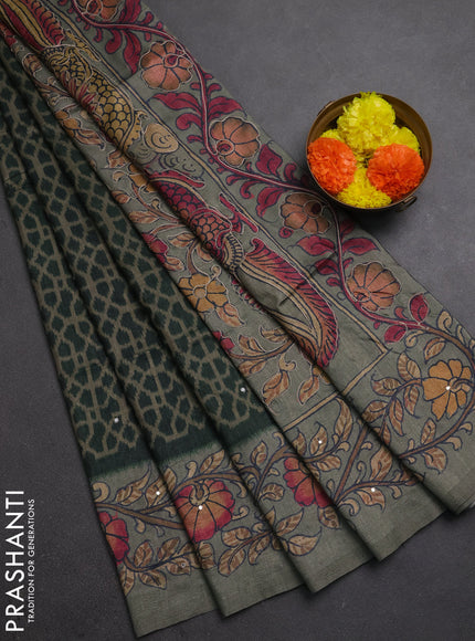 Matka tussar saree military green and grey with allover ikat prints & embroidery work and kalamkari prints & embroidery pallu