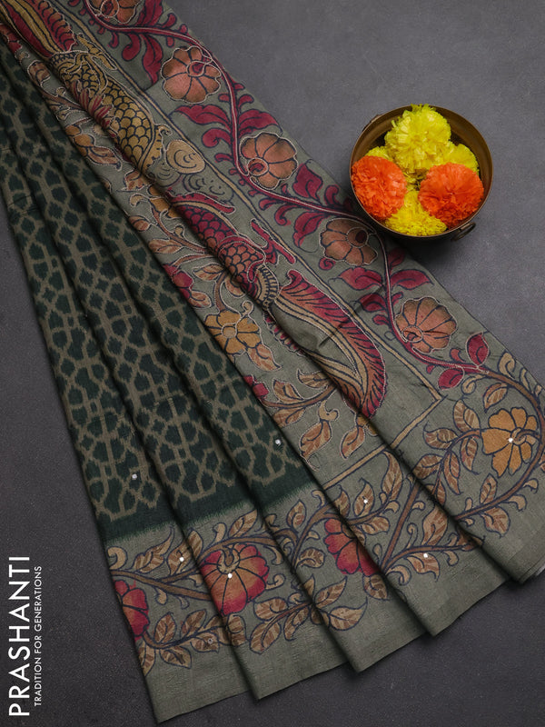 Matka tussar saree military green and grey with allover ikat prints & embroidery work and kalamkari prints & embroidery pallu
