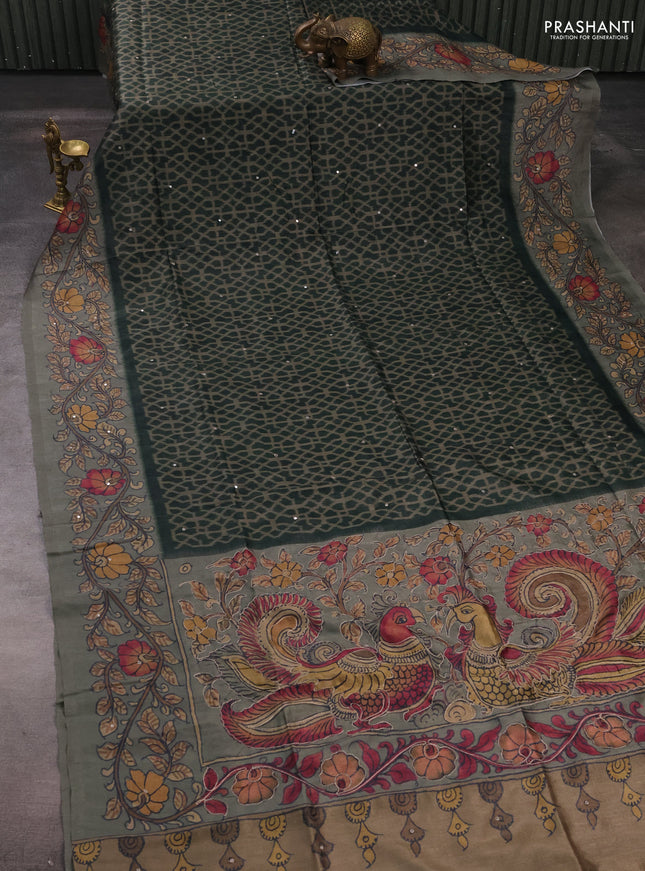 Matka tussar saree military green and grey with allover ikat prints & embroidery work and kalamkari prints & embroidery pallu