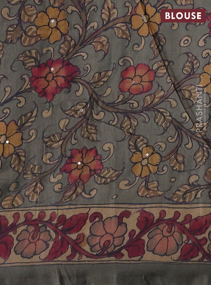Matka tussar saree military green and grey with allover ikat prints & embroidery work and kalamkari prints & embroidery pallu