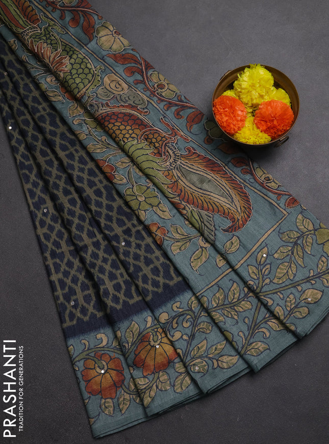 Matka tussar saree military green and pastel blue with allover ikat prints & embroidery work and kalamkari prints & embroidery pallu