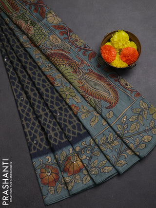 Matka tussar saree military green and pastel blue with allover ikat prints & embroidery work and kalamkari prints & embroidery pallu