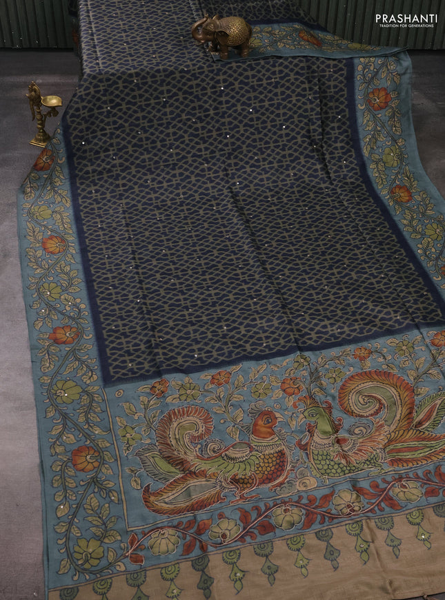 Matka tussar saree military green and pastel blue with allover ikat prints & embroidery work and kalamkari prints & embroidery pallu