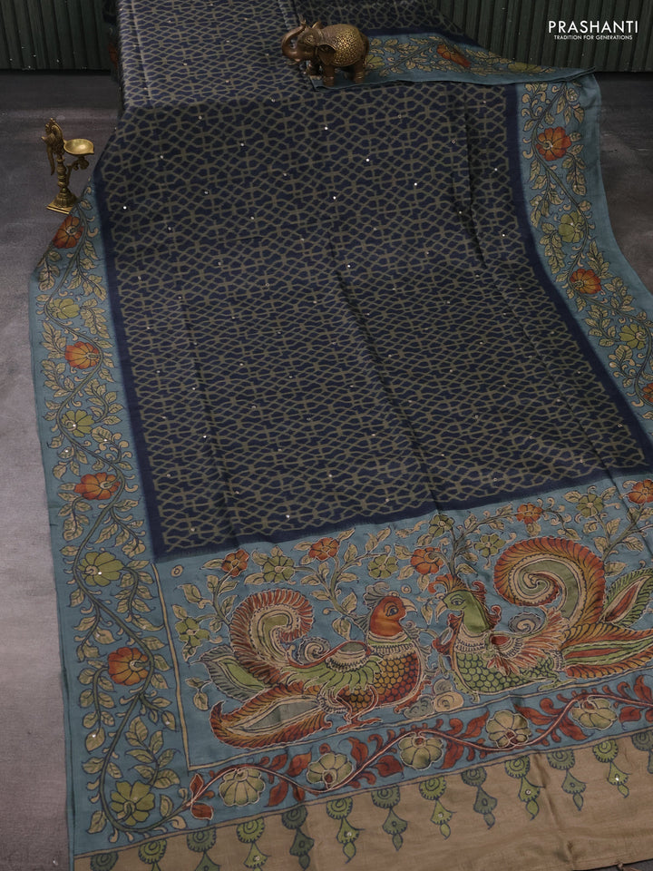 Matka tussar saree military green and pastel blue with allover ikat prints & embroidery work and kalamkari prints & embroidery pallu