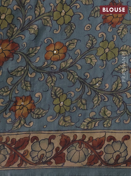 Matka tussar saree military green and pastel blue with allover ikat prints & embroidery work and kalamkari prints & embroidery pallu