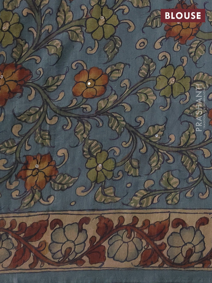 Matka tussar saree military green and pastel blue with allover ikat prints & embroidery work and kalamkari prints & embroidery pallu