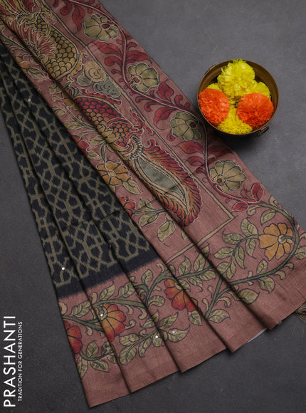 Matka tussar saree military green and dark peach with allover ikat prints & embroidery work and kalamkari prints & embroidery pallu