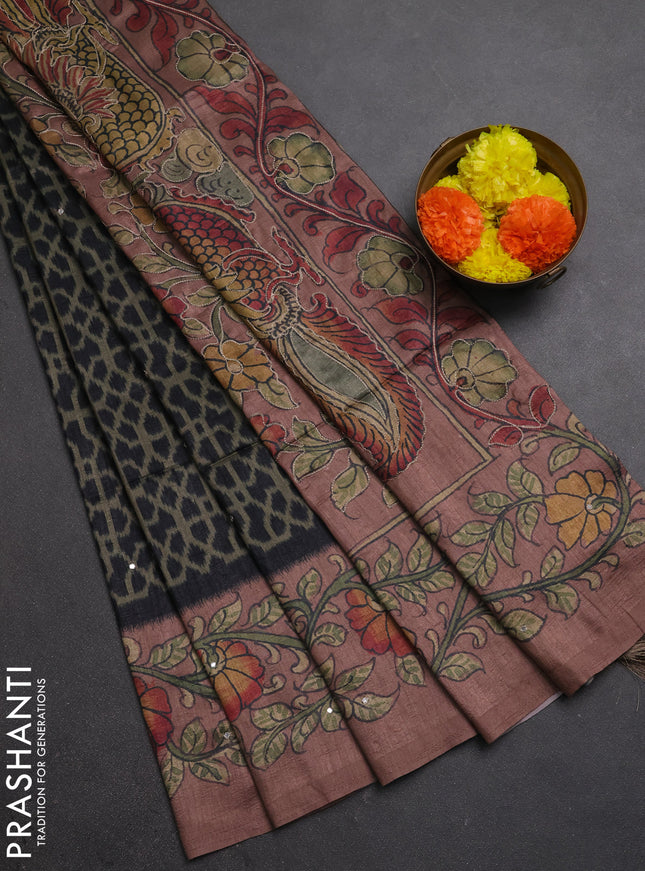 Matka tussar saree military green and dark peach with allover ikat prints & embroidery work and kalamkari prints & embroidery pallu