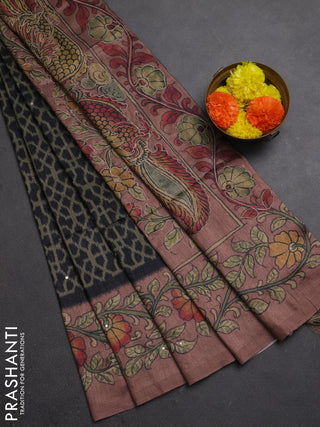 Matka tussar saree military green and dark peach with allover ikat prints & embroidery work and kalamkari prints & embroidery pallu