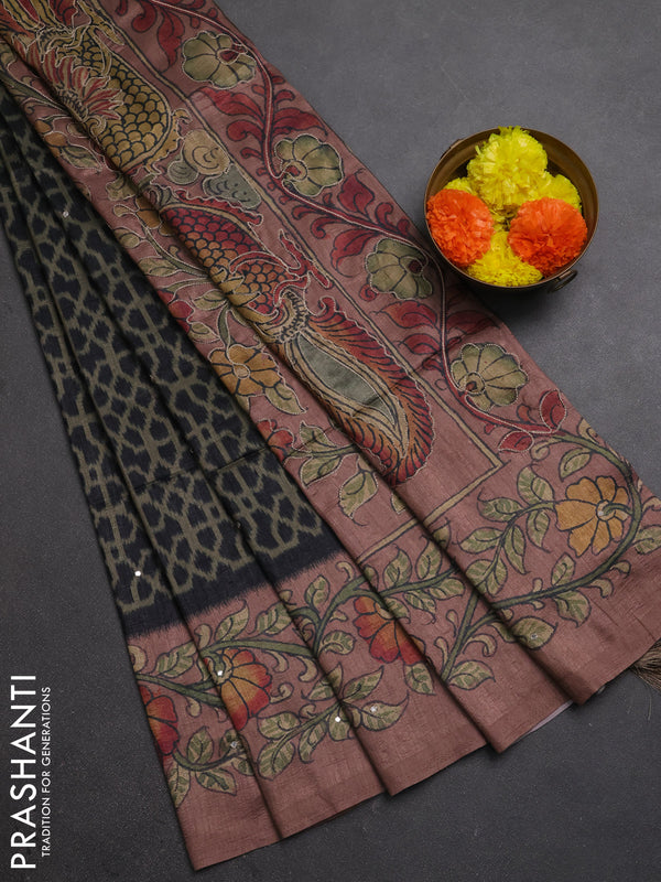 Matka tussar saree military green and dark peach with allover ikat prints & embroidery work and kalamkari prints & embroidery pallu