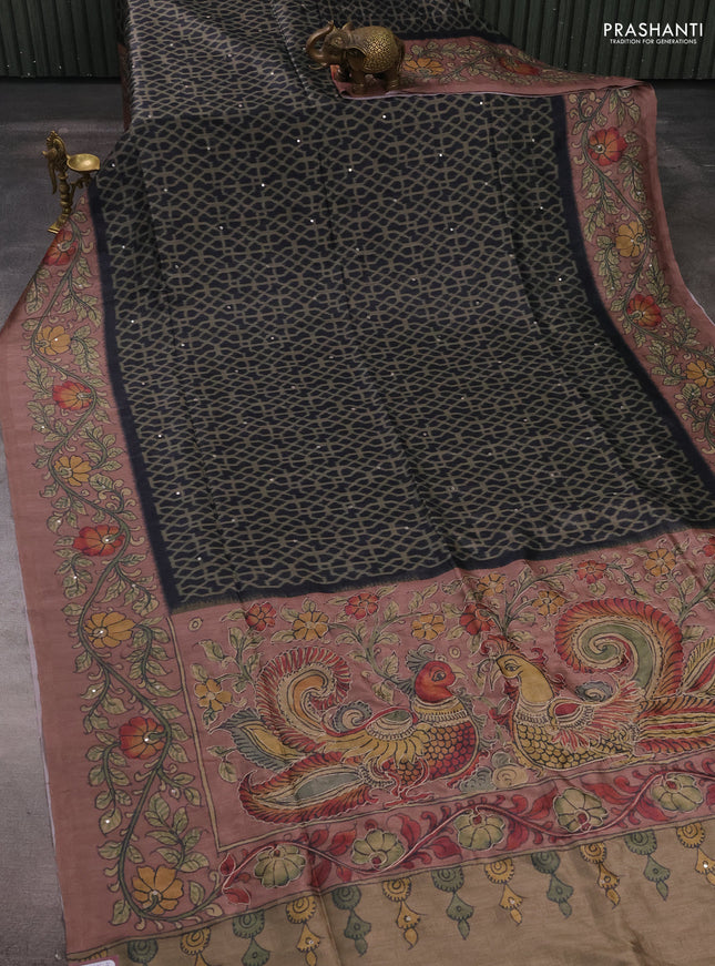 Matka tussar saree military green and dark peach with allover ikat prints & embroidery work and kalamkari prints & embroidery pallu