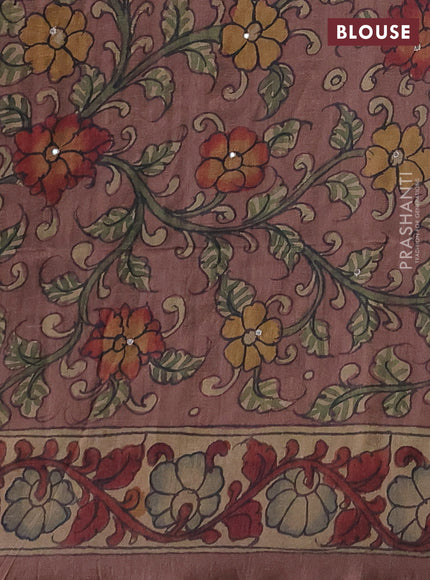 Matka tussar saree military green and dark peach with allover ikat prints & embroidery work and kalamkari prints & embroidery pallu