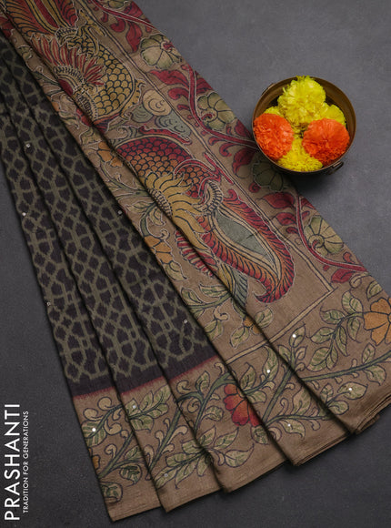 Matka tussar saree military green and dark beige with allover ikat prints & embroidery work and kalamkari prints & embroidery pallu