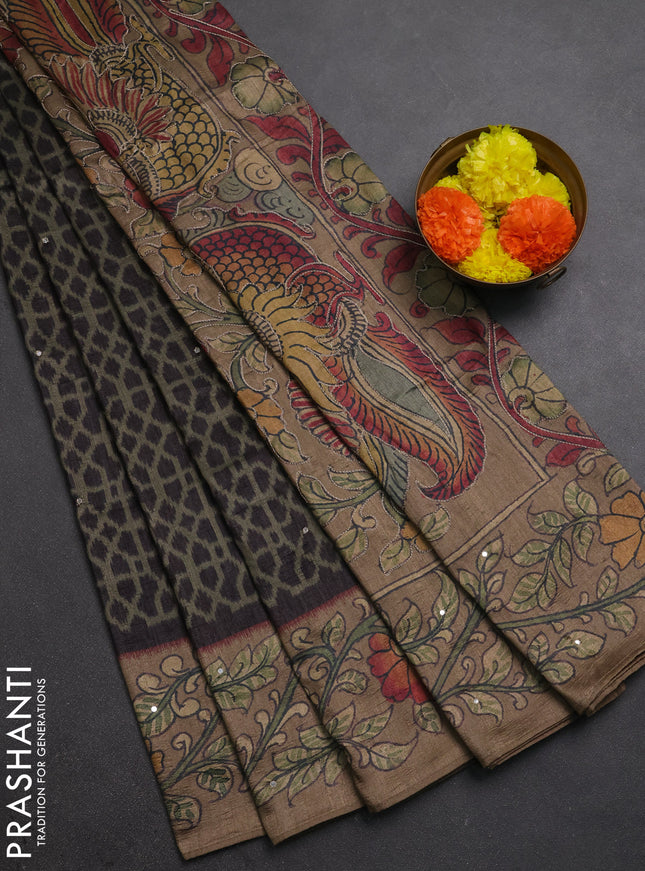 Matka tussar saree military green and dark beige with allover ikat prints & embroidery work and kalamkari prints & embroidery pallu