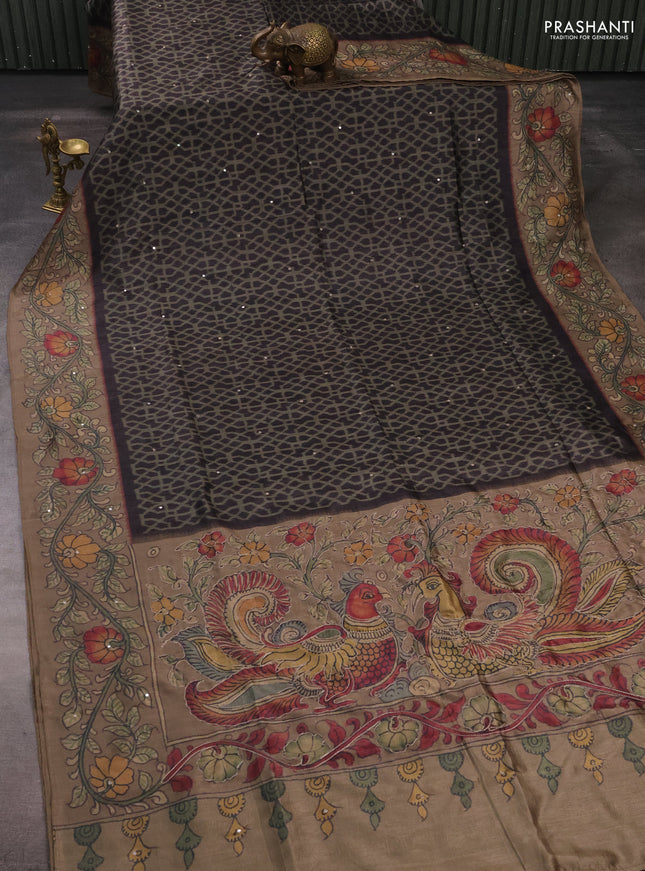 Matka tussar saree military green and dark beige with allover ikat prints & embroidery work and kalamkari prints & embroidery pallu
