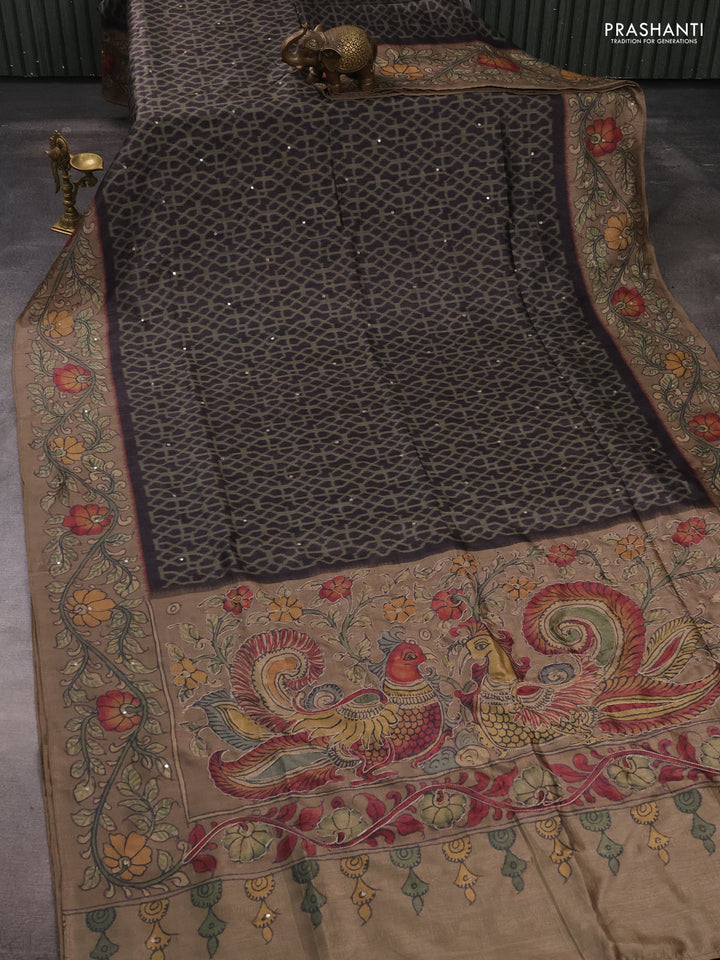 Matka tussar saree military green and dark beige with allover ikat prints & embroidery work and kalamkari prints & embroidery pallu