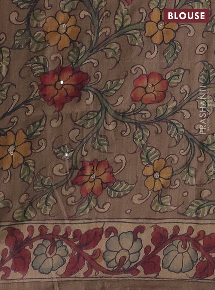 Matka tussar saree military green and dark beige with allover ikat prints & embroidery work and kalamkari prints & embroidery pallu