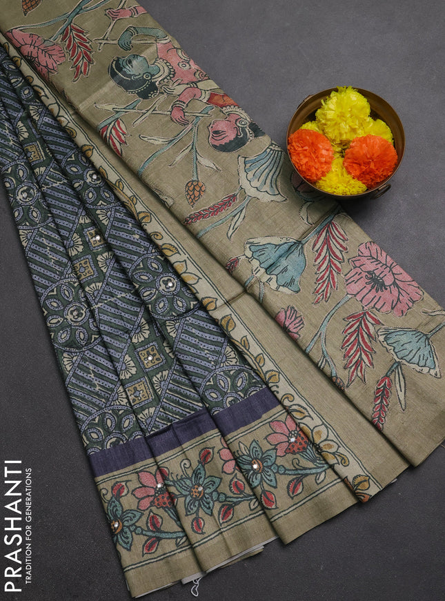 Matka tussar saree sap green and elaichi green with allover ajrakh prints & embroidery work and kalamkari prints & embroidery pallu