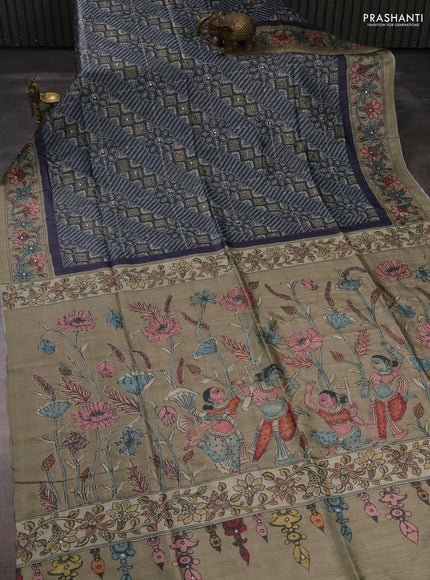 Matka tussar saree sap green and elaichi green with allover ajrakh prints & embroidery work and kalamkari prints & embroidery pallu