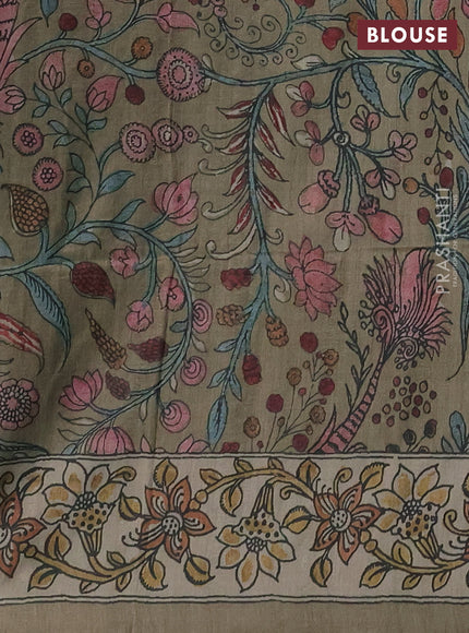 Matka tussar saree sap green and elaichi green with allover ajrakh prints & embroidery work and kalamkari prints & embroidery pallu