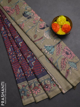 Matka tussar saree blue and elaichi green with allover ajrakh prints & embroidery work and kalamkari prints & embroidery pallu