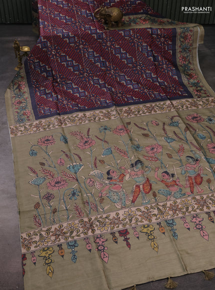 Matka tussar saree blue and elaichi green with allover ajrakh prints & embroidery work and kalamkari prints & embroidery pallu