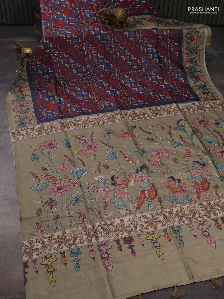 Matka tussar saree blue and elaichi green with allover ajrakh prints & embroidery work and kalamkari prints & embroidery pallu