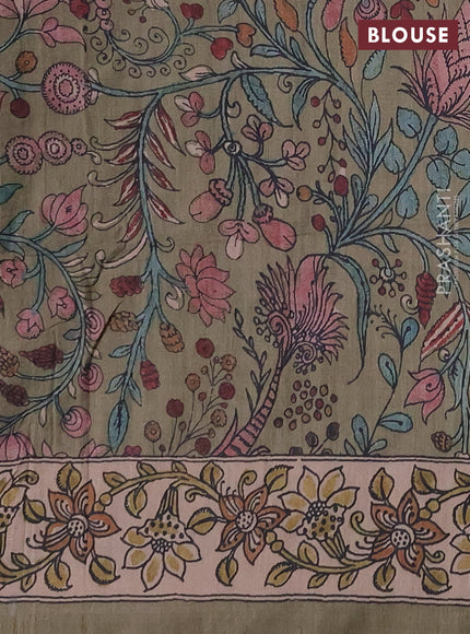 Matka tussar saree blue and elaichi green with allover ajrakh prints & embroidery work and kalamkari prints & embroidery pallu