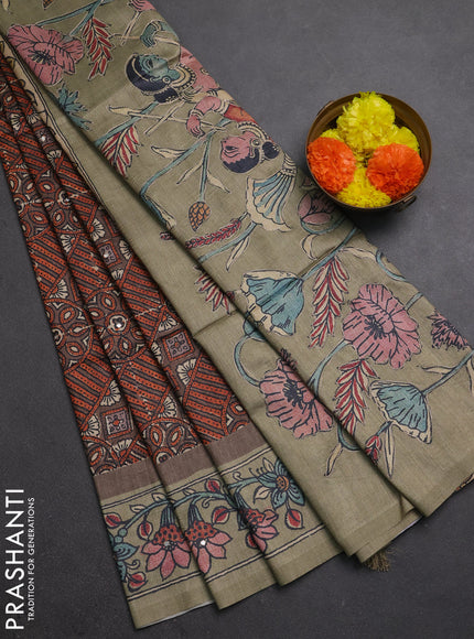 Matka tussar saree brown and elaichi green with allover ajrakh prints & embroidery work and kalamkari prints & embroidery pallu