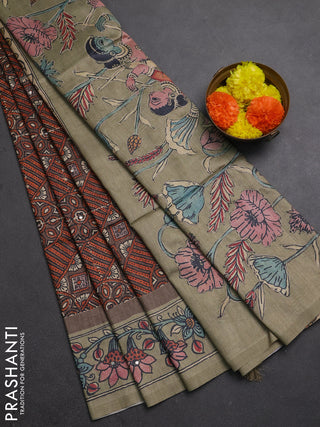 Matka tussar saree brown and elaichi green with allover ajrakh prints & embroidery work and kalamkari prints & embroidery pallu