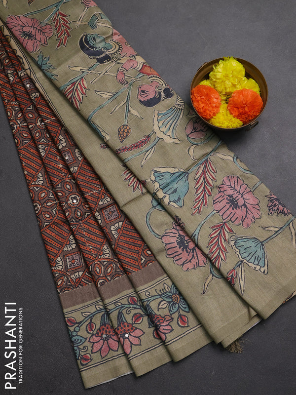 Matka tussar saree brown and elaichi green with allover ajrakh prints & embroidery work and kalamkari prints & embroidery pallu