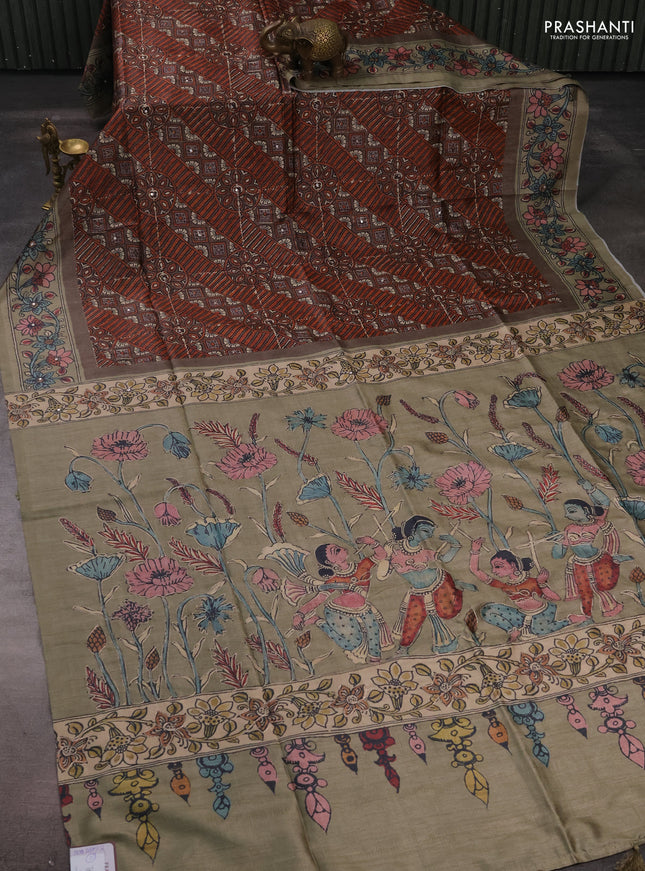 Matka tussar saree brown and elaichi green with allover ajrakh prints & embroidery work and kalamkari prints & embroidery pallu