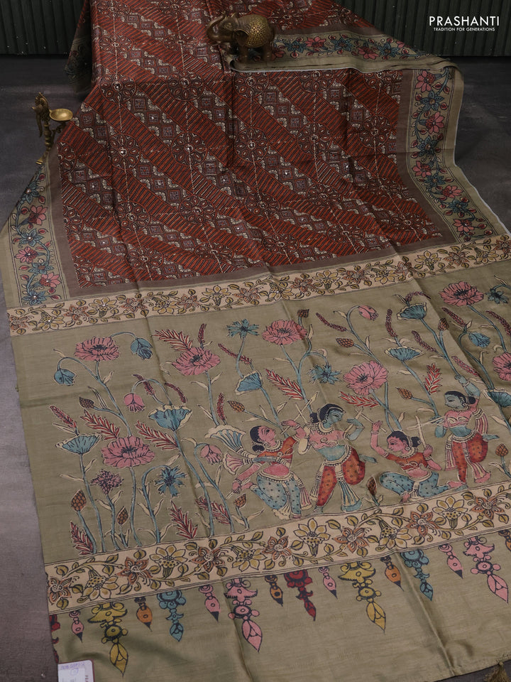 Matka tussar saree brown and elaichi green with allover ajrakh prints & embroidery work and kalamkari prints & embroidery pallu