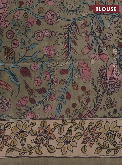 Matka tussar saree brown and elaichi green with allover ajrakh prints & embroidery work and kalamkari prints & embroidery pallu