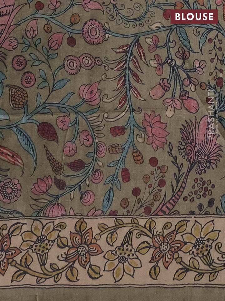 Matka tussar saree brown and elaichi green with allover ajrakh prints & embroidery work and kalamkari prints & embroidery pallu