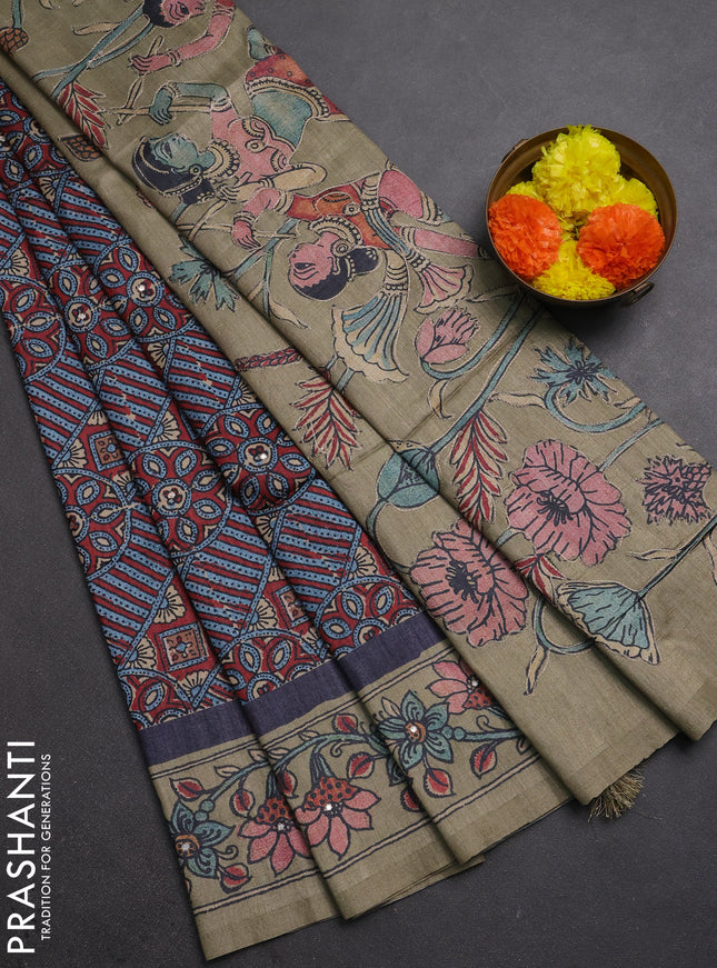 Matka tussar saree maroon and elaichi green with allover ajrakh prints & embroidery work and kalamkari prints & embroidery pallu